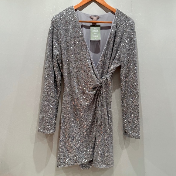 H&M silver sequins wrap dress, size M - Picture 1 of 16
